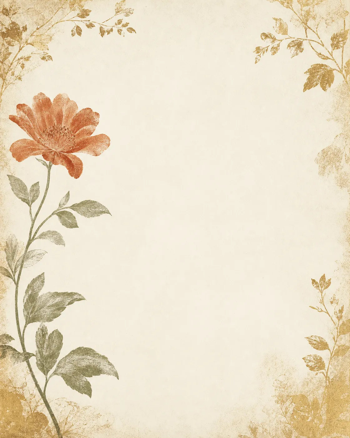 A botanical print on warm paper: a single terracotta bloom on a sage stem, with gold ferns and leaves scattered at the edges.