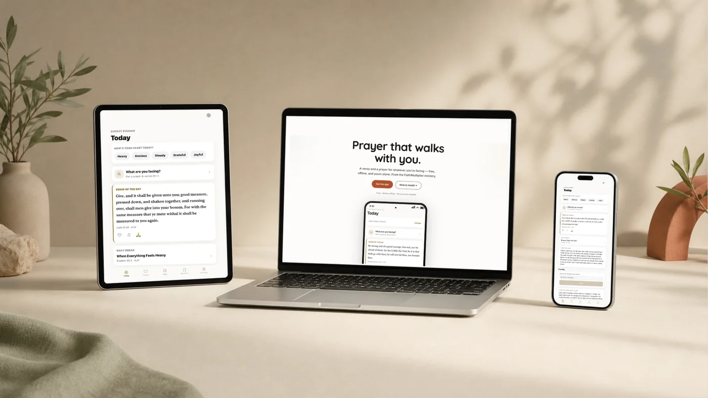 The FaithMultiplier Prayer App (Settings tab, light theme) open across a phone, tablet, and laptop, lined up on a desk.