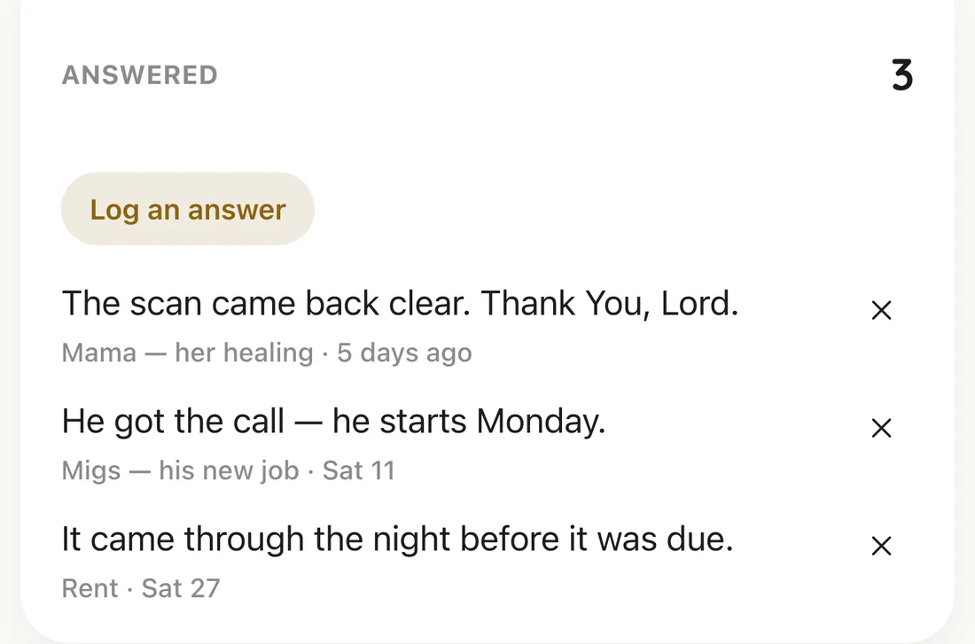 The Answered card listing three answered prayers.