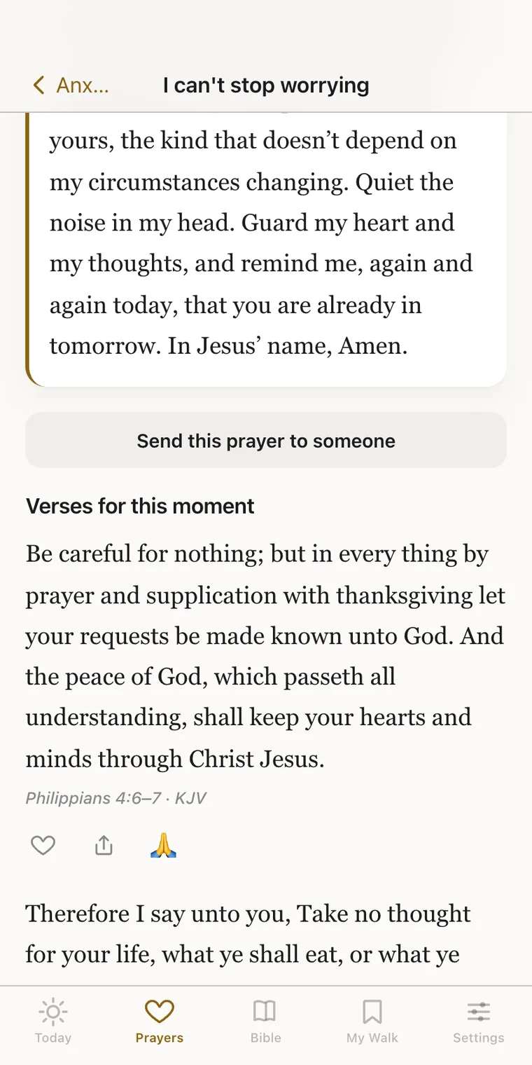 The same screen scrolled to 'Verses for this moment', showing Philippians 4:6–7.