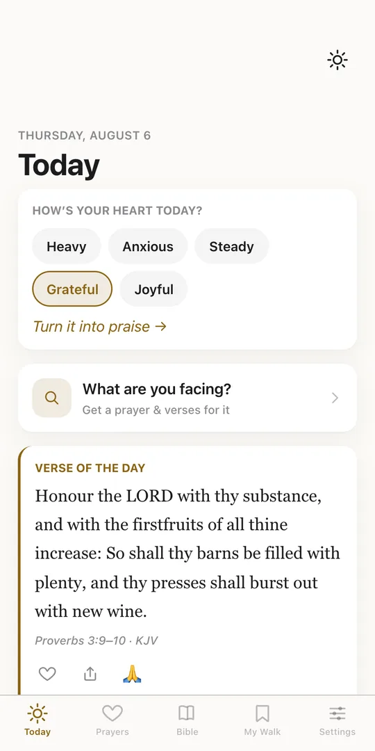 The Today screen asking "How's your heart today?", with Heavy, Anxious, Steady, Grateful and Joyful to choose from and Grateful selected.