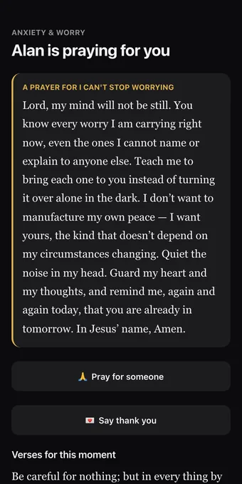 The received page reading 'Alan is praying for you', with the prayer and its verses.
