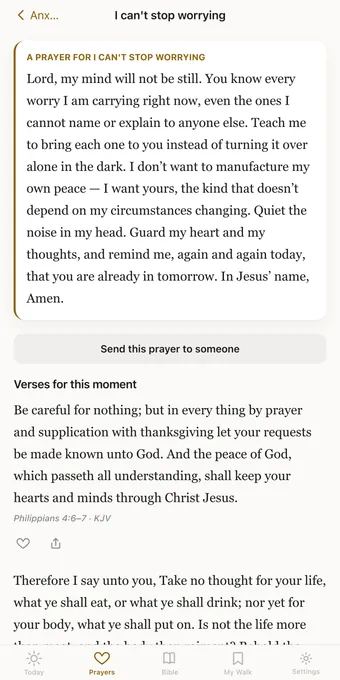 A prayer for anxiety and worry, with a 'Send this prayer to someone' button.
