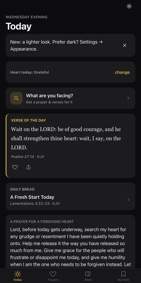 The Today screen in dark theme, showing the evening verse and prayer.