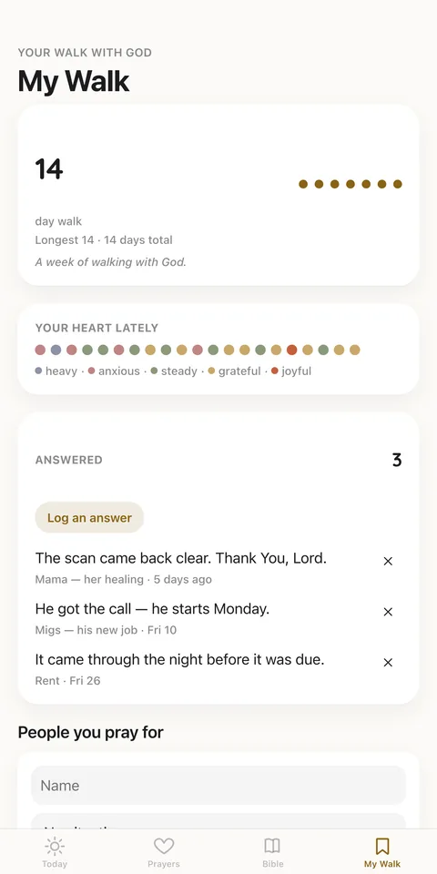 The My Walk screen showing a prayer entry and stones of answered prayer.